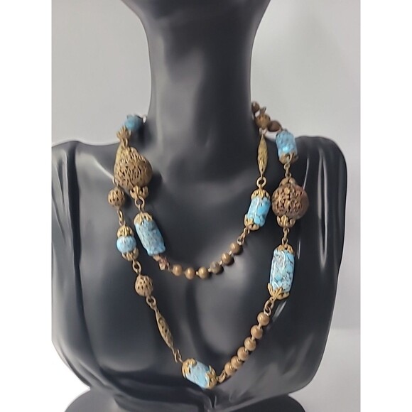 Vintage Boho Brass Filigree Necklace Blue Stone Beads Artisan Tribal Style Flaw - Picture 2 of 13